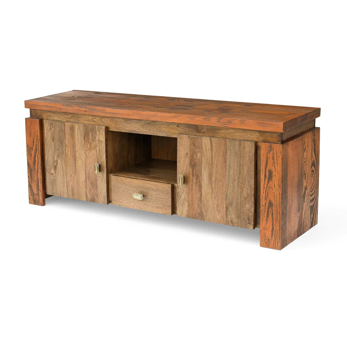 Twonique Solid Wood Rustic TV Unit With Storage - RadiantFurn