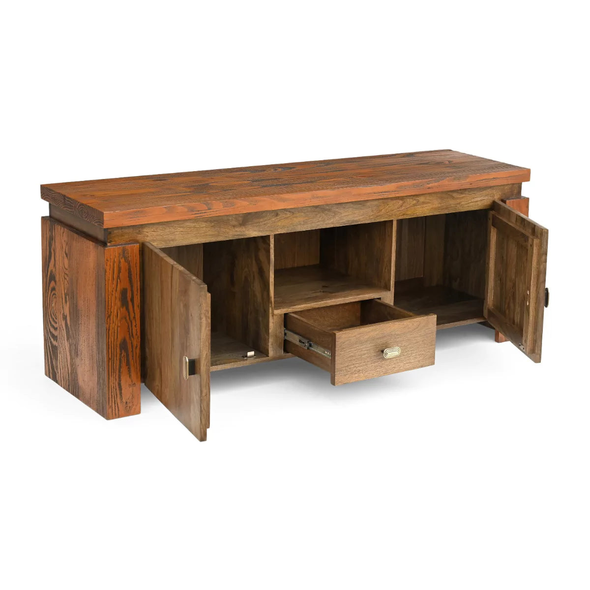 Twonique Solid Wood Rustic TV Unit With Storage - RadiantFurn