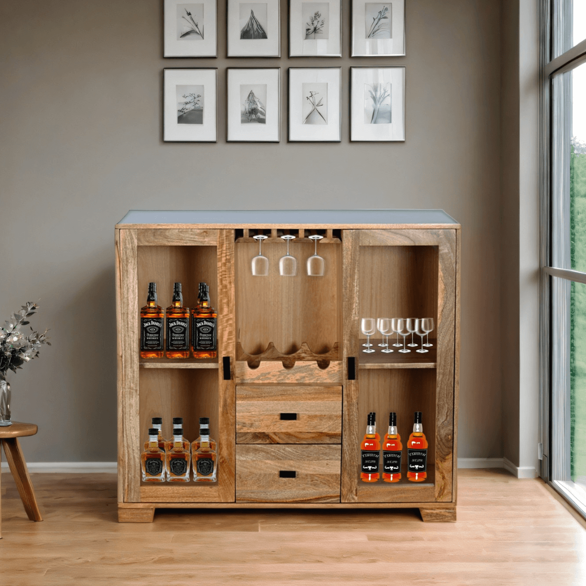 Vitrine Solid Wood Contemporary Glass Door Bar Cabinet - RadiantFurn
