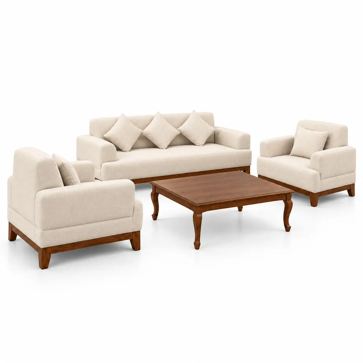Avelora 3-Piece Cream Upholstered Sofa Set with Wooden Coffee Table