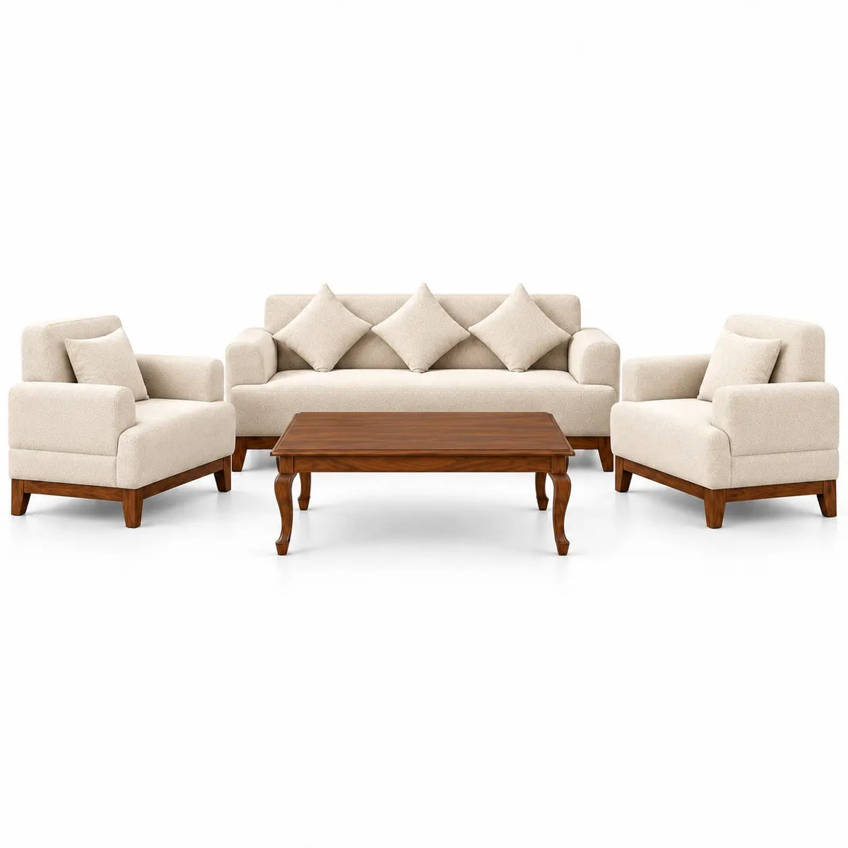 Avelora 3-Piece Cream Upholstered Sofa Set with Wooden Coffee Table