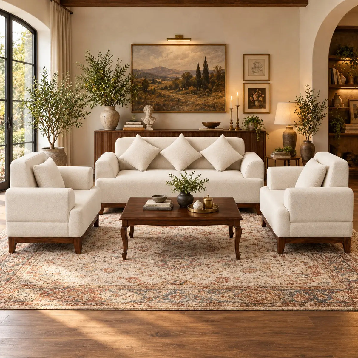 Avelora 3-Piece Cream Upholstered Sofa Set with Wooden Coffee Table