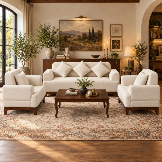 Avelora 3-Piece Cream Upholstered Sofa Set with Wooden Coffee Table