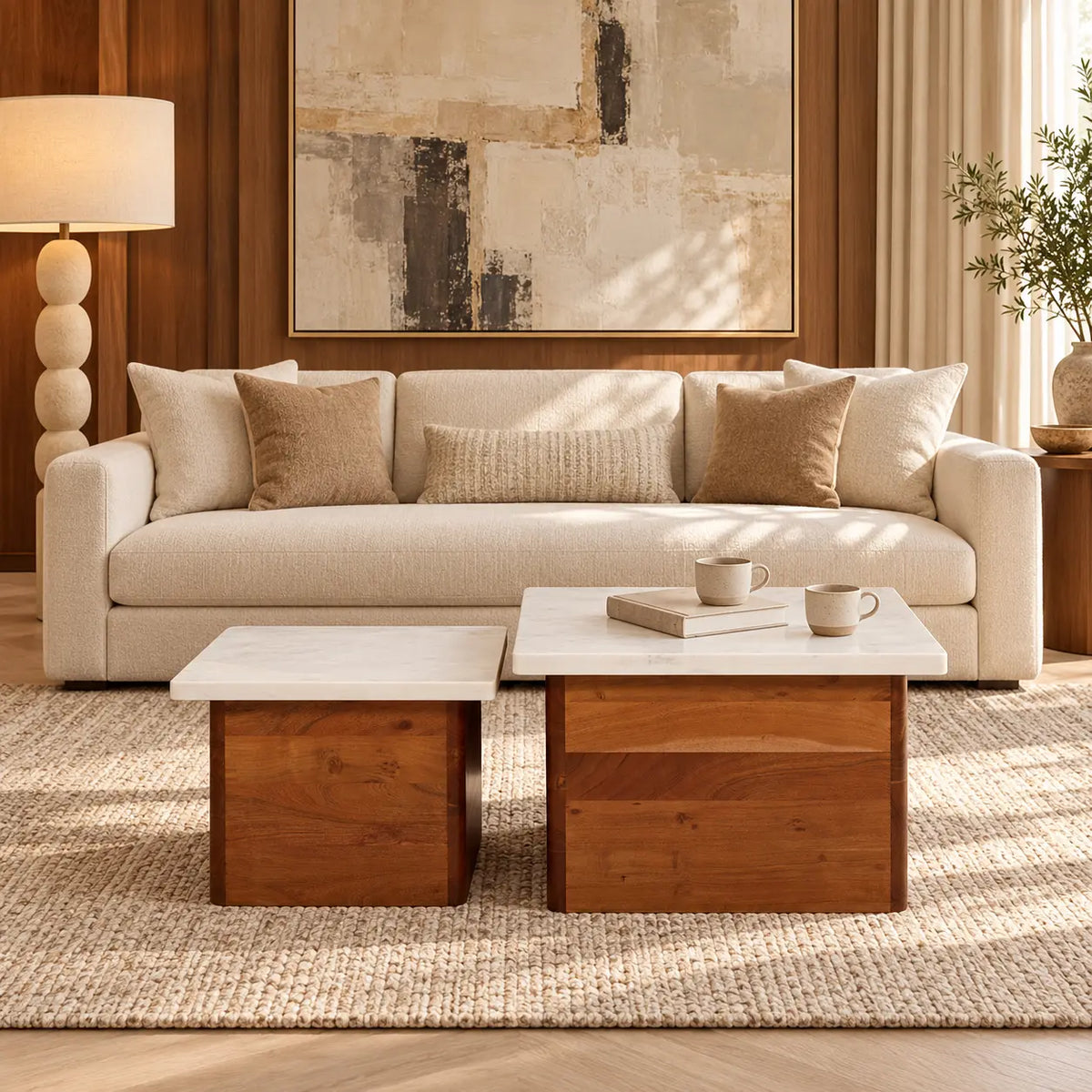 Virelta 2-Piece Wooden Coffee Table Set with White Marble Top