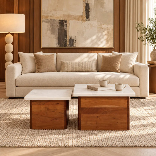 Virelta 2-Piece Wooden Coffee Table Set with White Marble Top